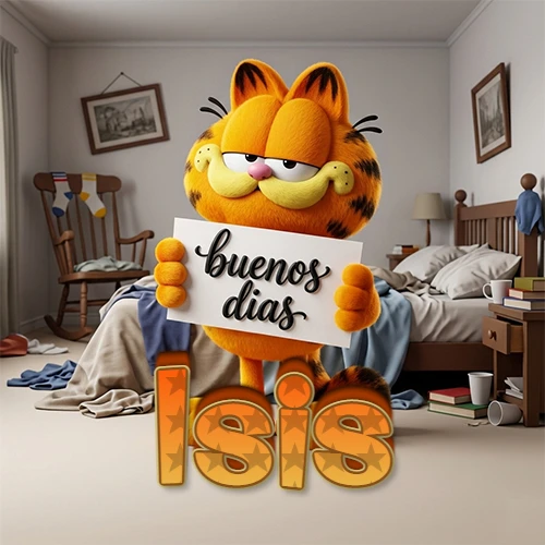 Garfield en dormitorio con pizarra blanca que dice 'Buenos Días', nombre en base 3D degradada naranja abajo. Nombre personalizado: Isis.