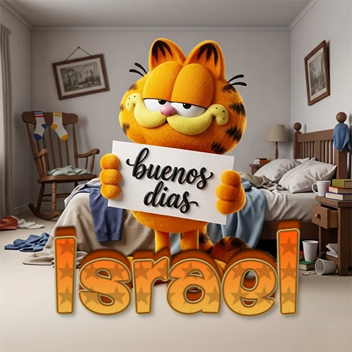 Garfield en dormitorio con pizarra blanca que dice 'Buenos Días', nombre en base 3D degradada naranja abajo. Nombre personalizado: Israel.