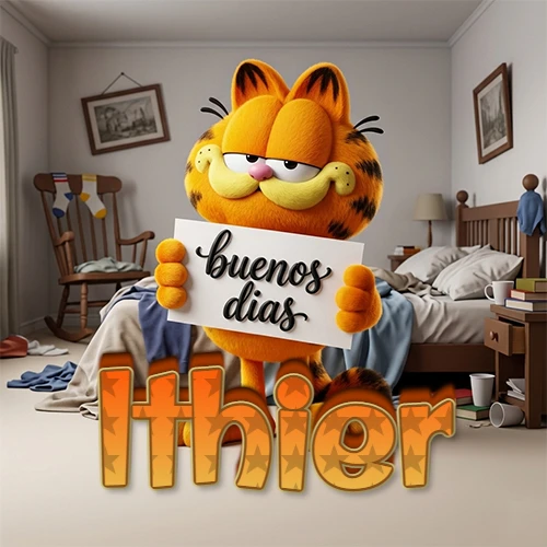 Garfield en dormitorio con pizarra blanca que dice 'Buenos Días', nombre en base 3D degradada naranja abajo. Nombre personalizado: Ithier.
