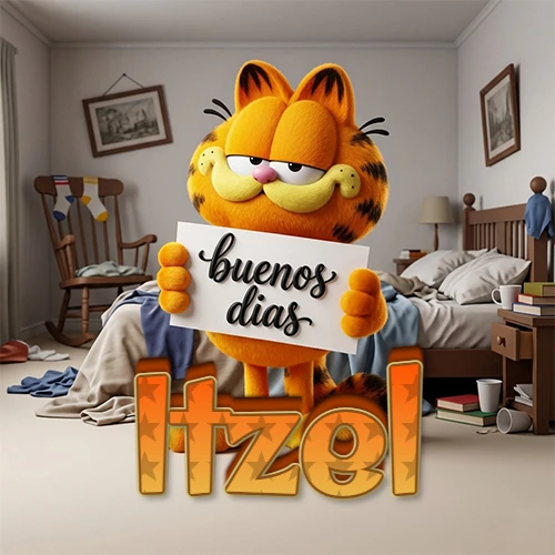 Garfield en dormitorio con pizarra blanca que dice 'Buenos Días', nombre en base 3D degradada naranja abajo. Nombre personalizado: Itzel.