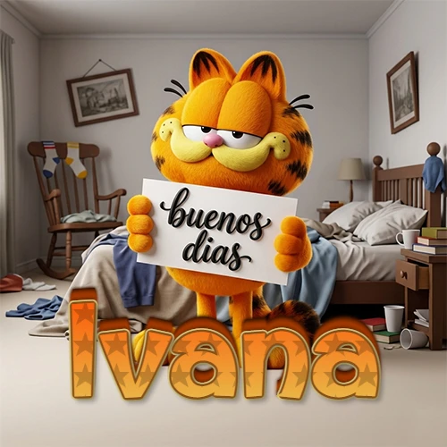 Garfield en dormitorio con pizarra blanca que dice 'Buenos Días', nombre en base 3D degradada naranja abajo. Nombre personalizado: Ivana.