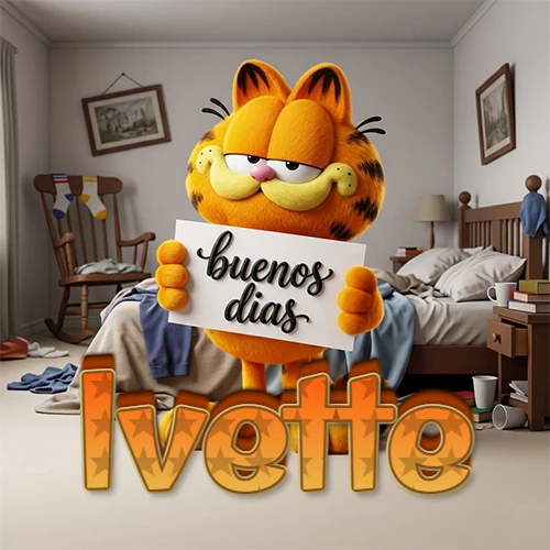 Garfield en dormitorio con pizarra blanca que dice 'Buenos Días', nombre en base 3D degradada naranja abajo. Nombre personalizado: Ivette.
