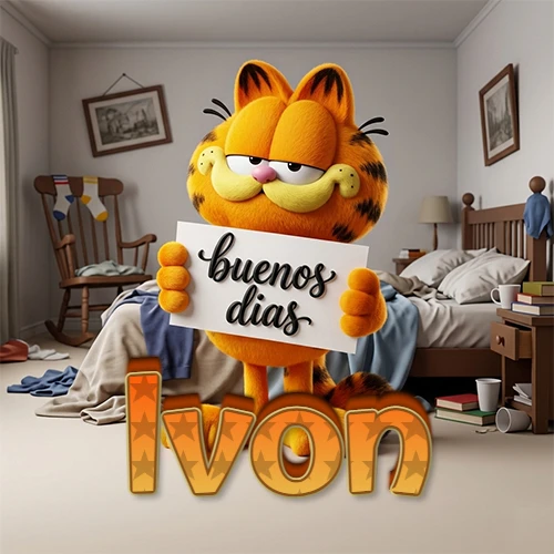 Garfield en dormitorio con pizarra blanca que dice 'Buenos Días', nombre en base 3D degradada naranja abajo. Nombre personalizado: Ivon.