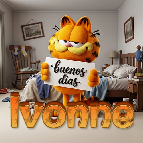 Garfield en dormitorio con pizarra blanca que dice 'Buenos Días', nombre en base 3D degradada naranja abajo. Nombre personalizado: Ivonne.