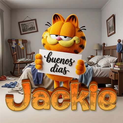 Garfield en dormitorio con pizarra blanca que dice 'Buenos Días', nombre en base 3D degradada naranja abajo. Nombre personalizado: Jackie.