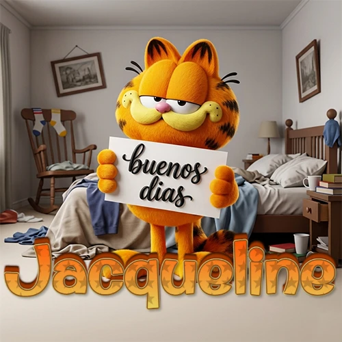 Garfield en dormitorio con pizarra blanca que dice 'Buenos Días', nombre en base 3D degradada naranja abajo. Nombre personalizado: Jacqueline.