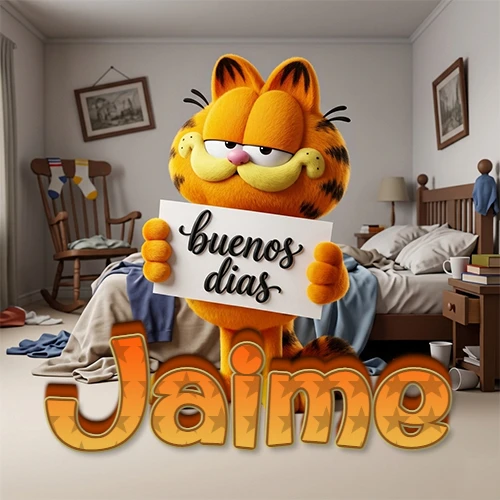 Garfield en dormitorio con pizarra blanca que dice 'Buenos Días', nombre en base 3D degradada naranja abajo. Nombre personalizado: Jaime.