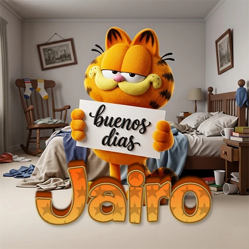 Garfield en dormitorio con pizarra blanca que dice 'Buenos Días', nombre en base 3D degradada naranja abajo. Nombre personalizado: Jairo.