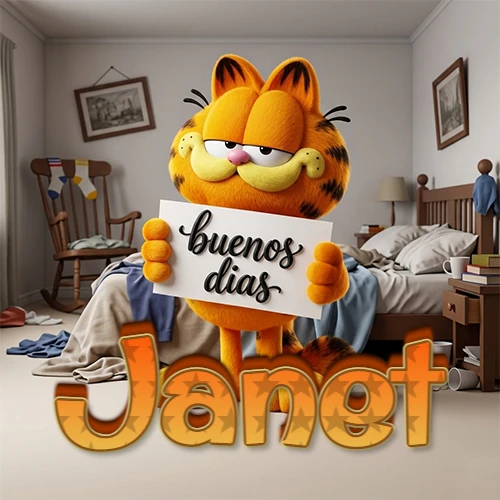 Garfield en dormitorio con pizarra blanca que dice 'Buenos Días', nombre en base 3D degradada naranja abajo. Nombre personalizado: Janet.