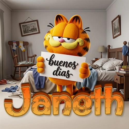 Garfield en dormitorio con pizarra blanca que dice 'Buenos Días', nombre en base 3D degradada naranja abajo. Nombre personalizado: Janeth.