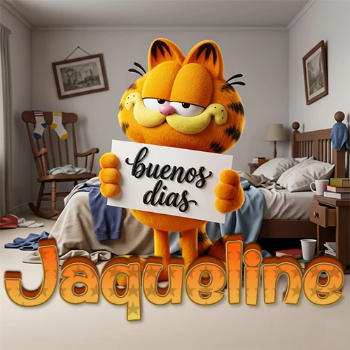 Garfield en dormitorio con pizarra blanca que dice 'Buenos Días', nombre en base 3D degradada naranja abajo. Nombre personalizado: Jaqueline.