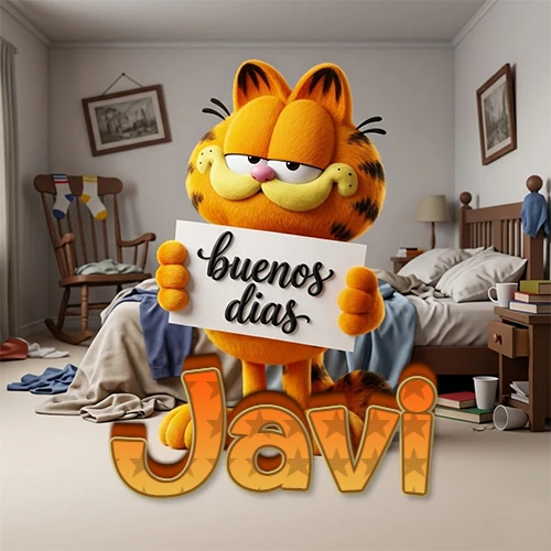 Garfield en dormitorio con pizarra blanca que dice 'Buenos Días', nombre en base 3D degradada naranja abajo. Nombre personalizado: Javi.
