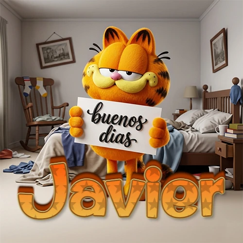 Garfield en dormitorio con pizarra blanca que dice 'Buenos Días', nombre en base 3D degradada naranja abajo. Nombre personalizado: Javier.