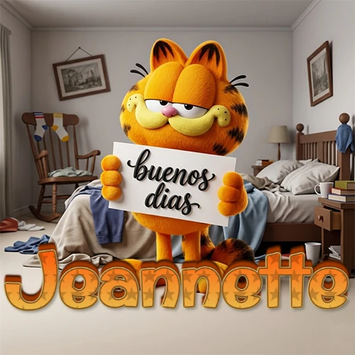 Garfield en dormitorio con pizarra blanca que dice 'Buenos Días', nombre en base 3D degradada naranja abajo. Nombre personalizado: Jeannette.