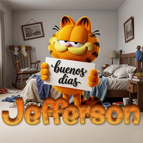 Garfield en dormitorio con pizarra blanca que dice 'Buenos Días', nombre en base 3D degradada naranja abajo. Nombre personalizado: Jefferson.