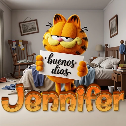 Garfield en dormitorio con pizarra blanca que dice 'Buenos Días', nombre en base 3D degradada naranja abajo. Nombre personalizado: Jennifer.