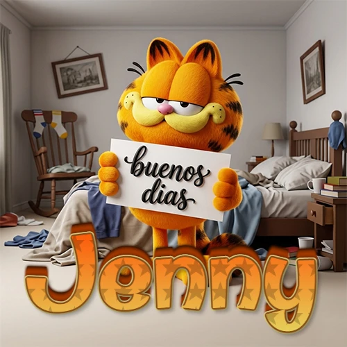 Garfield en dormitorio con pizarra blanca que dice 'Buenos Días', nombre en base 3D degradada naranja abajo. Nombre personalizado: Jenny.