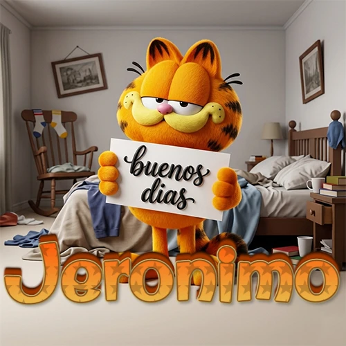 Garfield en dormitorio con pizarra blanca que dice 'Buenos Días', nombre en base 3D degradada naranja abajo. Nombre personalizado: Jeronimo.