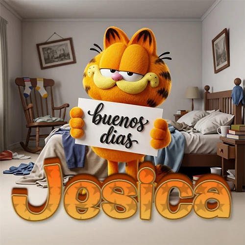 Garfield en dormitorio con pizarra blanca que dice 'Buenos Días', nombre en base 3D degradada naranja abajo. Nombre personalizado: Jesica.