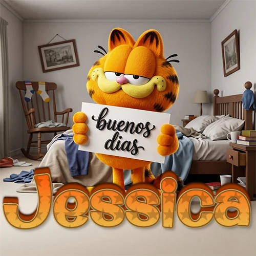 Garfield en dormitorio con pizarra blanca que dice 'Buenos Días', nombre en base 3D degradada naranja abajo. Nombre personalizado: Jessica.