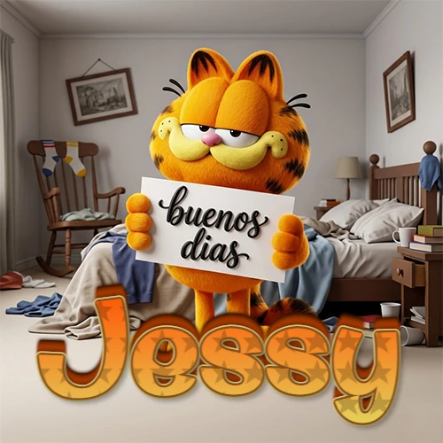 Garfield en dormitorio con pizarra blanca que dice 'Buenos Días', nombre en base 3D degradada naranja abajo. Nombre personalizado: Jessy.