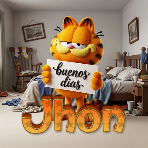 Garfield en dormitorio con pizarra blanca que dice 'Buenos Días', nombre en base 3D degradada naranja abajo. Nombre personalizado: Jhon.