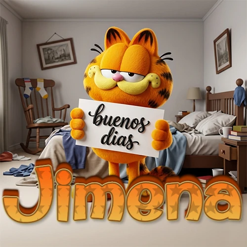 Garfield en dormitorio con pizarra blanca que dice 'Buenos Días', nombre en base 3D degradada naranja abajo. Nombre personalizado: Jimena.