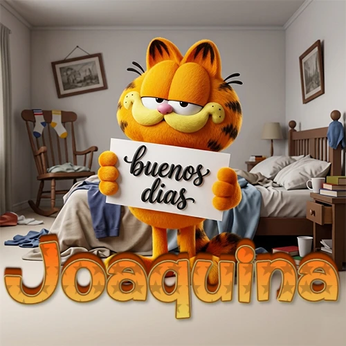 Garfield en dormitorio con pizarra blanca que dice 'Buenos Días', nombre en base 3D degradada naranja abajo. Nombre personalizado: Joaquina.