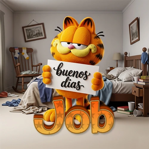 Garfield en dormitorio con pizarra blanca que dice 'Buenos Días', nombre en base 3D degradada naranja abajo. Nombre personalizado: Job.