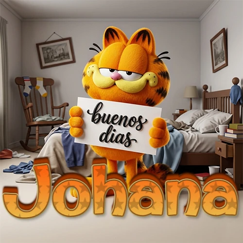 Garfield en dormitorio con pizarra blanca que dice 'Buenos Días', nombre en base 3D degradada naranja abajo. Nombre personalizado: Johana.