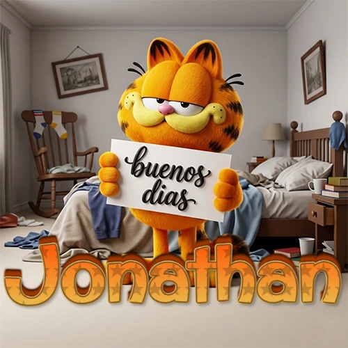 Garfield en dormitorio con pizarra blanca que dice 'Buenos Días', nombre en base 3D degradada naranja abajo. Nombre personalizado: Jonathan.