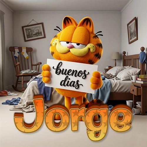 Garfield en dormitorio con pizarra blanca que dice 'Buenos Días', nombre en base 3D degradada naranja abajo. Nombre personalizado: Jorge.
