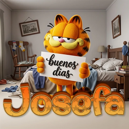Garfield en dormitorio con pizarra blanca que dice 'Buenos Días', nombre en base 3D degradada naranja abajo. Nombre personalizado: Josefa. Garfield en dormitorio con pizarra blanca que dice 'Buenos Días', nombre en base 3D degradada naranja abajo. Nombre personalizado: Josefa.