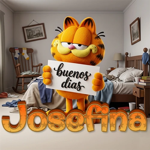 Garfield en dormitorio con pizarra blanca que dice 'Buenos Días', nombre en base 3D degradada naranja abajo. Nombre personalizado: Josefina.
