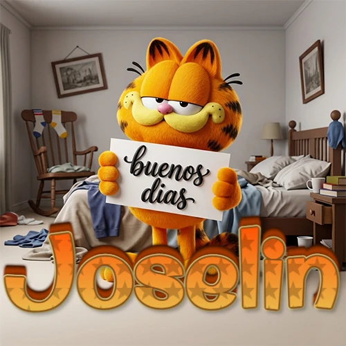 Garfield en dormitorio con pizarra blanca que dice 'Buenos Días', nombre en base 3D degradada naranja abajo. Nombre personalizado: Joselin.