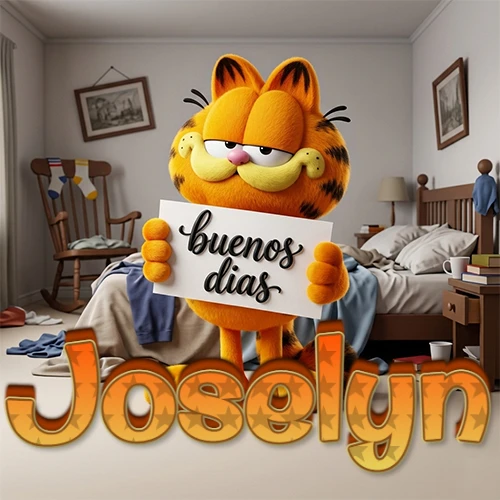 Garfield en dormitorio con pizarra blanca que dice 'Buenos Días', nombre en base 3D degradada naranja abajo. Nombre personalizado: Joselyn.