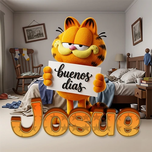 Garfield en dormitorio con pizarra blanca que dice 'Buenos Días', nombre en base 3D degradada naranja abajo. Nombre personalizado: Josue.