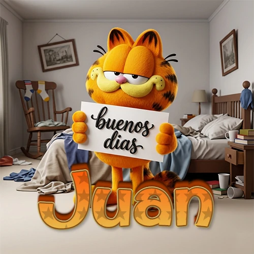 Garfield en dormitorio con pizarra blanca que dice 'Buenos Días', nombre en base 3D degradada naranja abajo. Nombre personalizado: Juan.