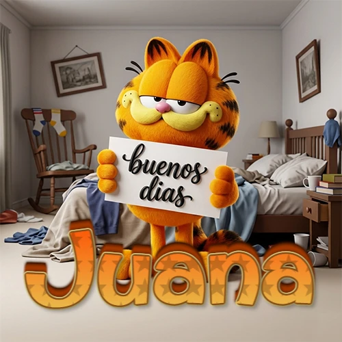 Garfield en dormitorio con pizarra blanca que dice 'Buenos Días', nombre en base 3D degradada naranja abajo. Nombre personalizado: Juana.