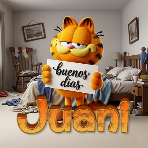 Garfield en dormitorio con pizarra blanca que dice 'Buenos Días', nombre en base 3D degradada naranja abajo. Nombre personalizado: Juani.