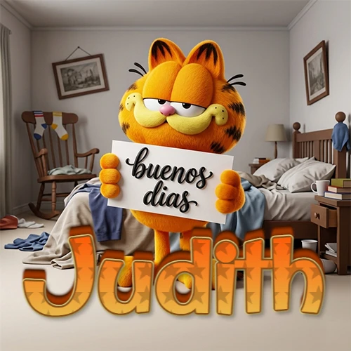 Garfield en dormitorio con pizarra blanca que dice 'Buenos Días', nombre en base 3D degradada naranja abajo. Nombre personalizado: Judith.