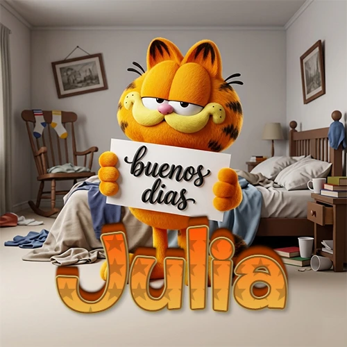 Garfield en dormitorio con pizarra blanca que dice 'Buenos Días', nombre en base 3D degradada naranja abajo. Nombre personalizado: Julia.