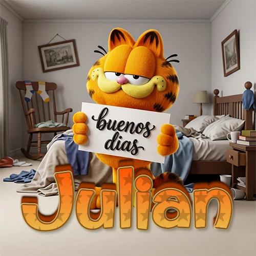 Garfield en dormitorio con pizarra blanca que dice 'Buenos Días', nombre en base 3D degradada naranja abajo. Nombre personalizado: Julian.