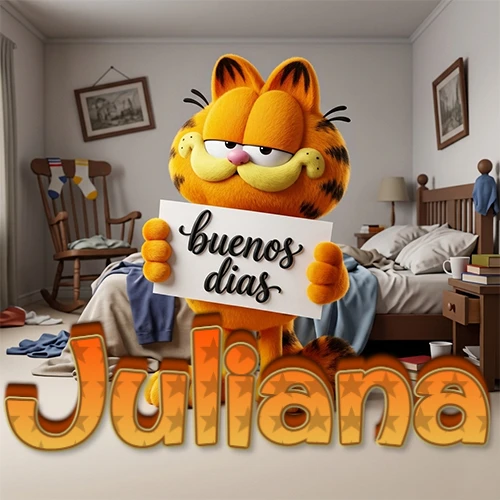 Garfield en dormitorio con pizarra blanca que dice 'Buenos Días', nombre en base 3D degradada naranja abajo. Nombre personalizado: Juliana.