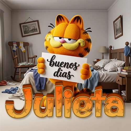 Garfield en dormitorio con pizarra blanca que dice 'Buenos Días', nombre en base 3D degradada naranja abajo. Nombre personalizado: Julieta.