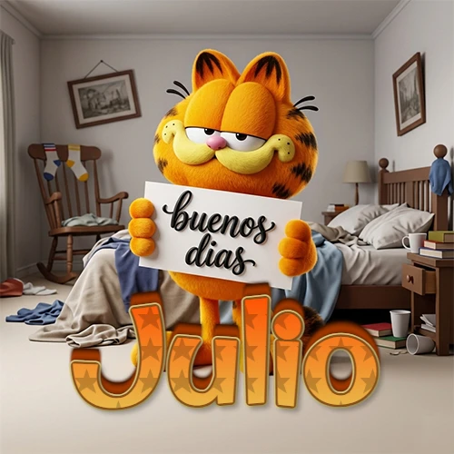 Garfield en dormitorio con pizarra blanca que dice 'Buenos Días', nombre en base 3D degradada naranja abajo. Nombre personalizado: Julio.
