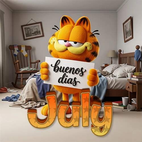 Garfield en dormitorio con pizarra blanca que dice 'Buenos Días', nombre en base 3D degradada naranja abajo. Nombre personalizado: July.