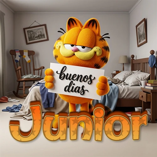 Garfield en dormitorio con pizarra blanca que dice 'Buenos Días', nombre en base 3D degradada naranja abajo. Nombre personalizado: Junior.