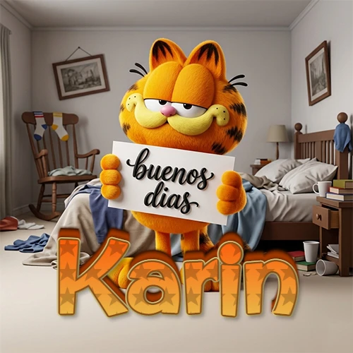 Garfield en dormitorio con pizarra blanca que dice 'Buenos Días', nombre en base 3D degradada naranja abajo. Nombre personalizado: Karin.