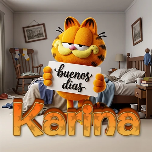 Garfield en dormitorio con pizarra blanca que dice 'Buenos Días', nombre en base 3D degradada naranja abajo. Nombre personalizado: Karina.